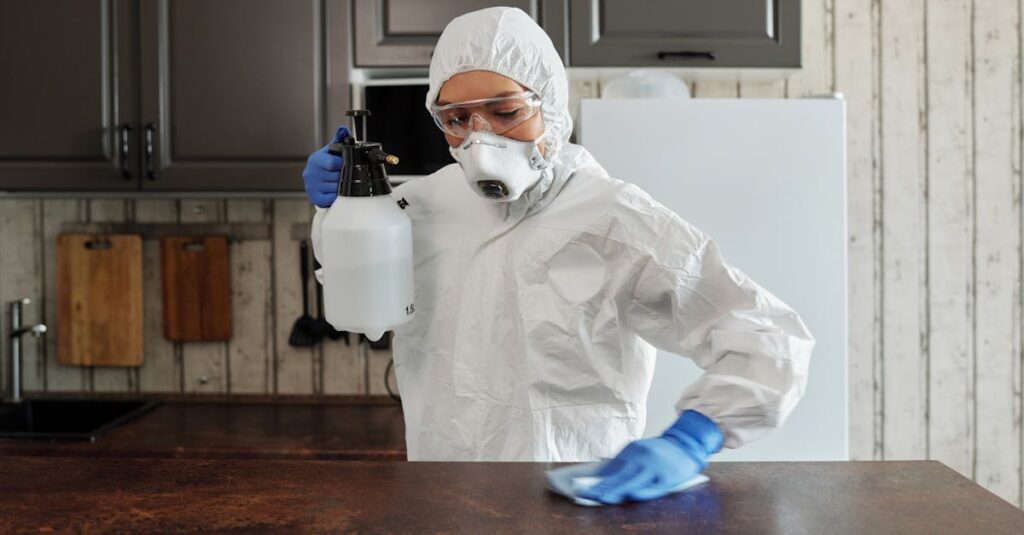 A person in protective clothing disinfects a kitchen counter indoors, focusing on safety and cleanliness.